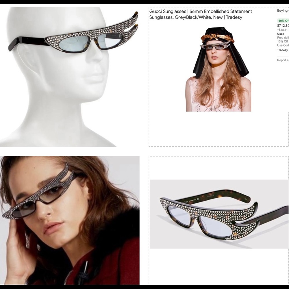 GUCCI DRAMATIC & FUTURISTIC CRYSTAL EMBELLISHED CAT EYE SUNGLASSES - Picture 10 of 16